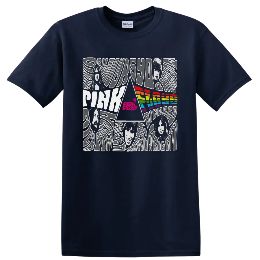 Pink Floyd Dark Side of the Moon prism and rainbow psychedelic collage on a Navy (Blue) T Shirt