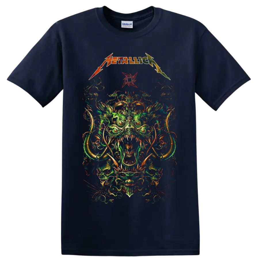 Metallica logo above psychedelic horned creature and skull artwork on a Navy (Blue) T Shirt
