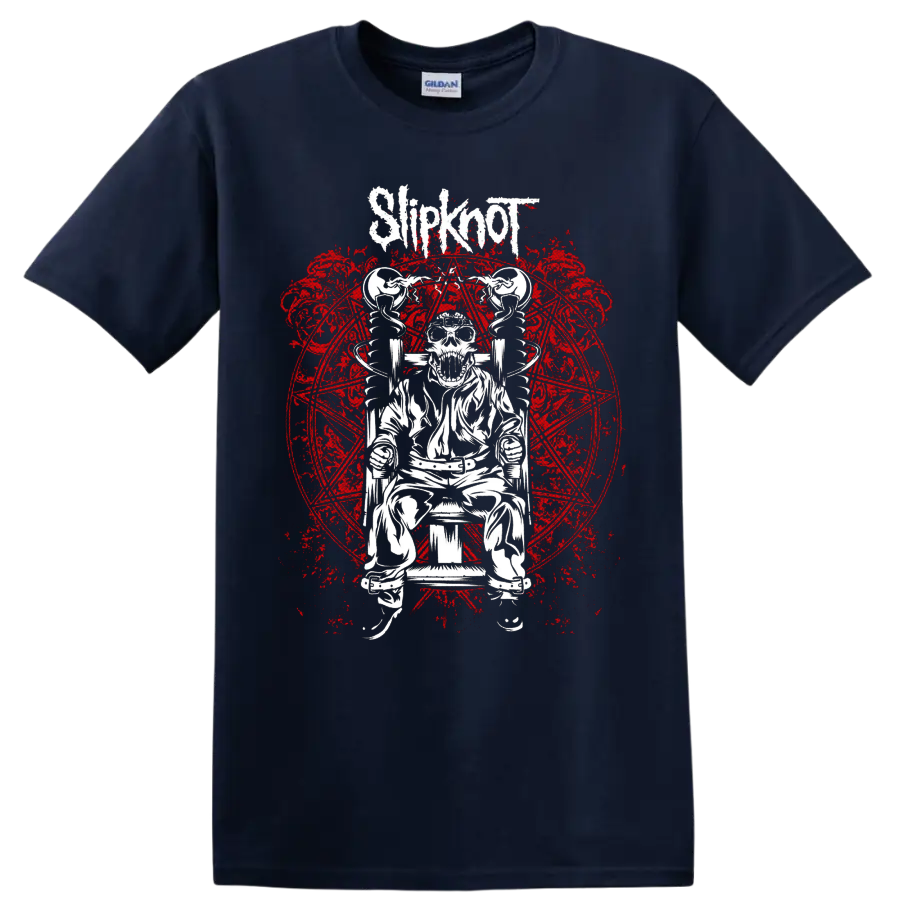 Slipknot logo above skeleton in electric chair with distressed red sigil artwork on a Navy (Blue) T Shirt
