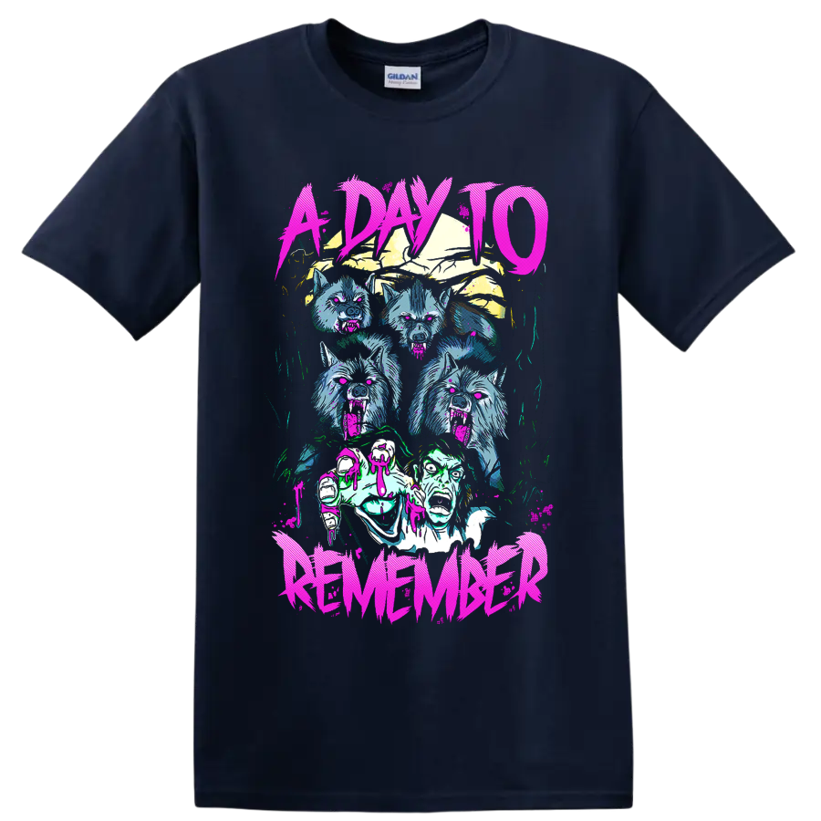 A Day to Remember neon horror graphic with snarling wolves and an undead figure on a Navy (Blue) T Shirt