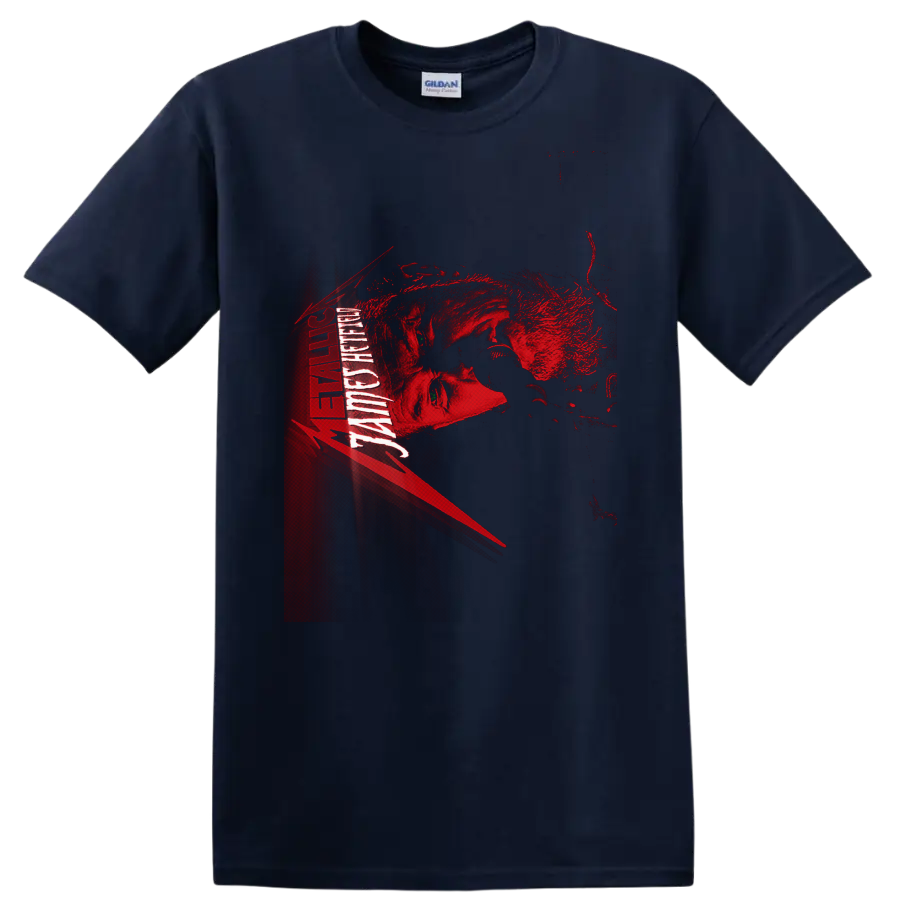 James Hetfield Metallica distressed red and black portrait graphic with vertical band on a Navy (Blue) T Shirt