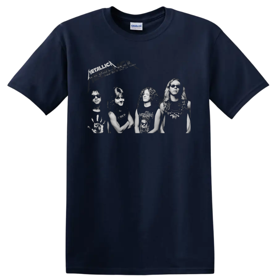 Metallica band photo graphic with Kirk Hammett and lightning-style logo on a Navy (Blue) T Shirt