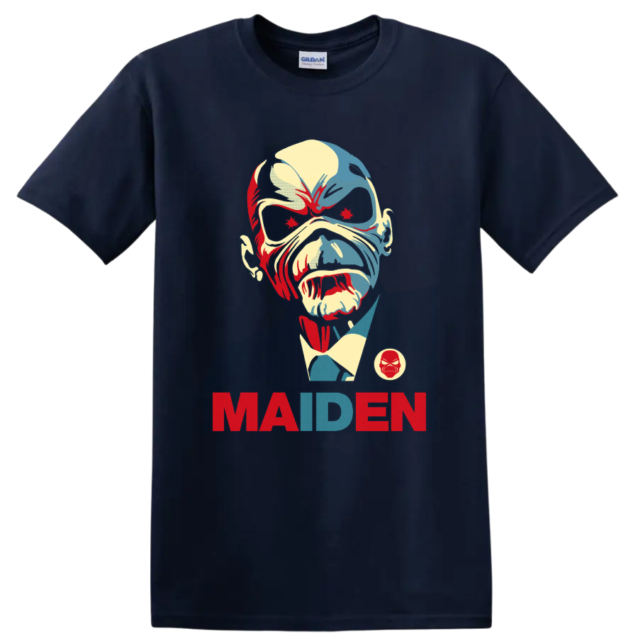 Iron Maiden Eddie the Head portrait in vintage heavy metal poster style with MAIDEN text on a Navy (Blue) T Shirt