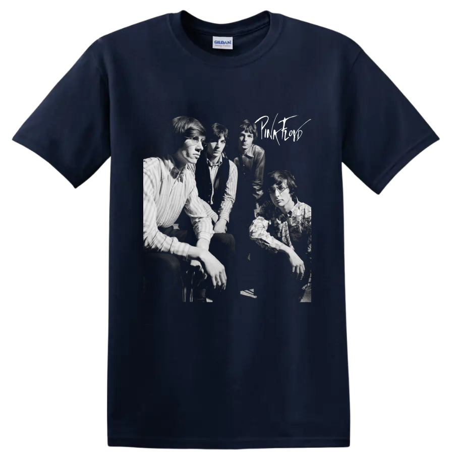Pink Floyd original lineup black-and-white vintage portrait graphic on a Navy (Blue) T Shirt