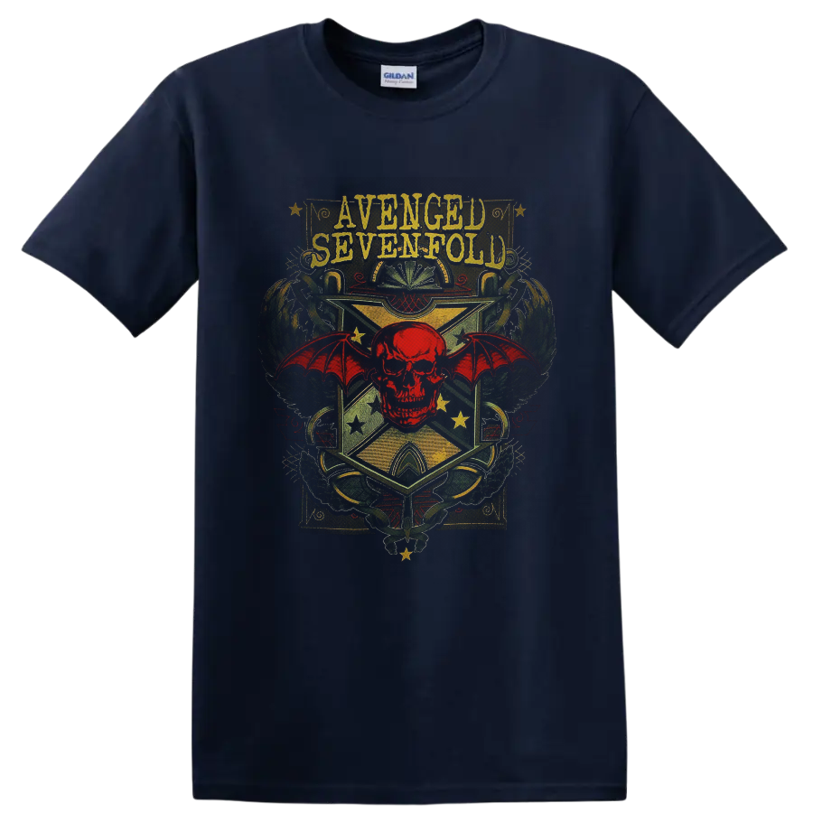 Avenged Sevenfold Deathbat red skull and bat-wing vintage crest graphic on a Navy (Blue) T Shirt
