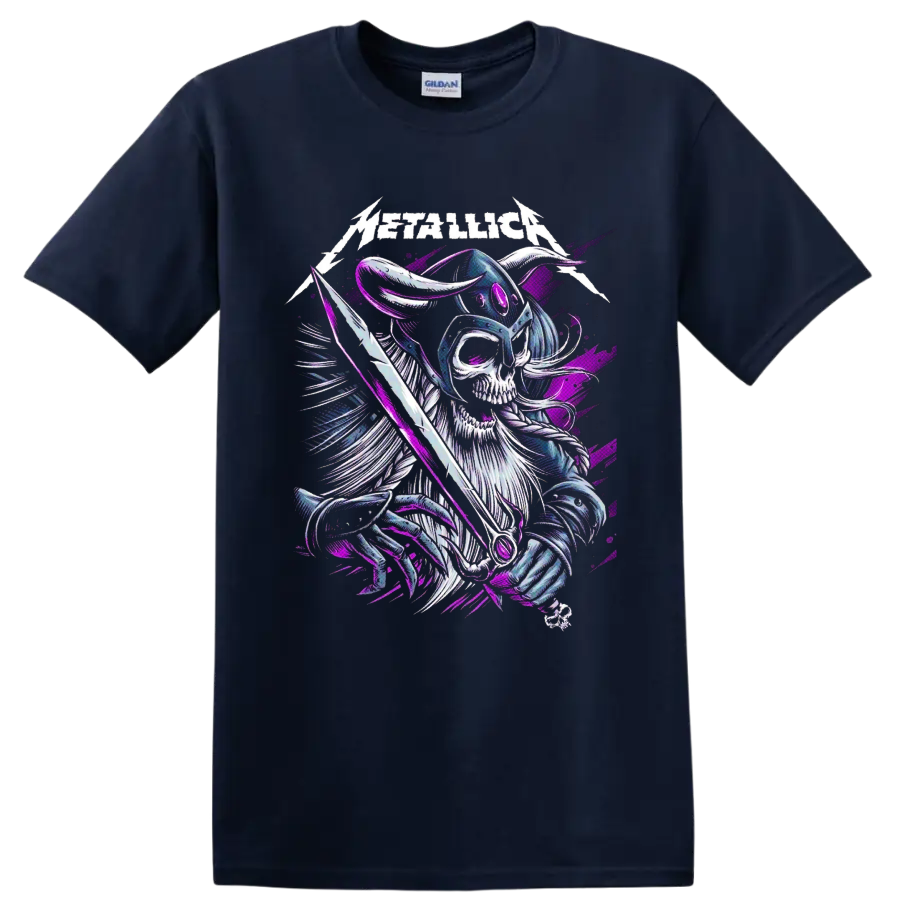 Metallica logo above a horned Viking skeleton warrior with sword in purple and blue art on a Navy (Blue) T Shirt