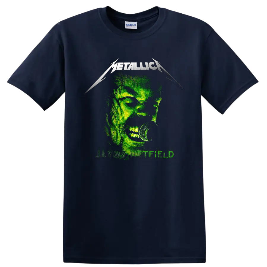 Metallica James Hetfield distressed green microphone portrait with band logo on a Navy (Blue) T Shirt