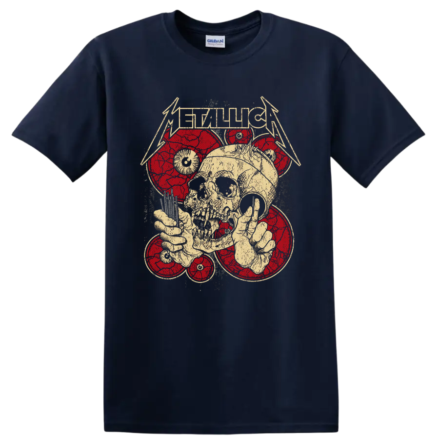Metallica logo above distressed skull and skeletal hands with red circular graphics on a Navy (Blue) T Shirt