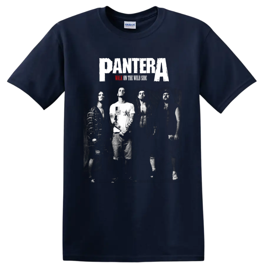 Pantera logo over black-and-white band photo with Walk on the Wild Side text on a Navy (Blue) T Shirt