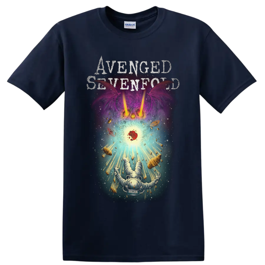 Avenged Sevenfold distressed text above a surreal astronaut cosmic graphic on a Navy (Blue) T Shirt