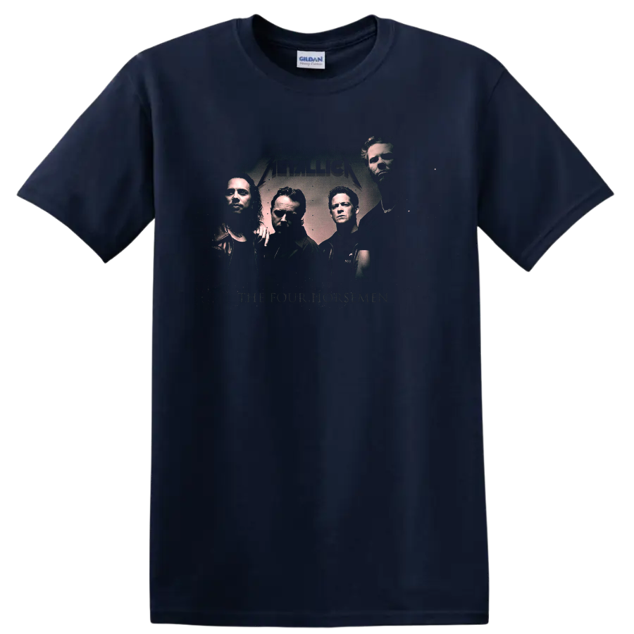 Metallica The Four Horsemen distressed graphic with four band portraits and logo on a Navy (Blue) T Shirt