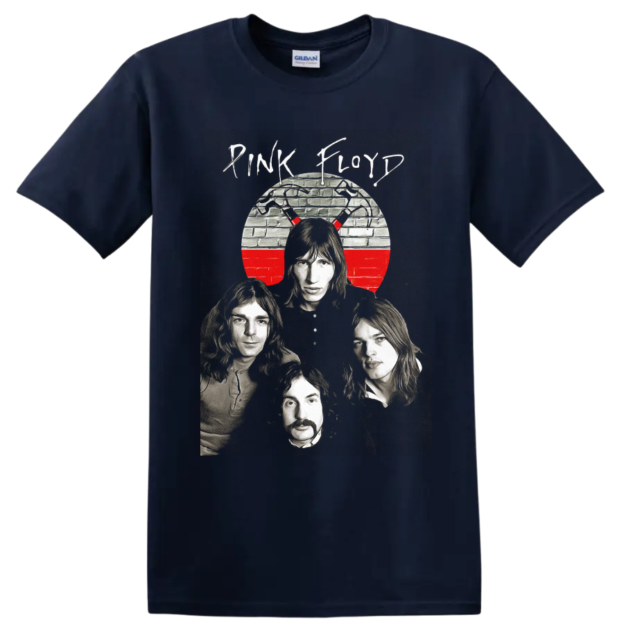 Pink Floyd The Wall band portrait with brick wall circle and red accent on a Navy (Blue) T Shirt