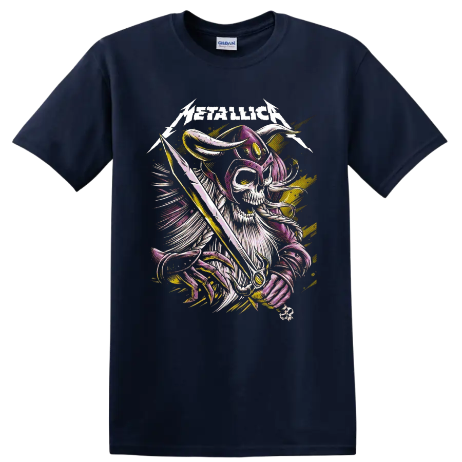 Metallica logo above a horned skeleton warrior with sword and lightning graphic on a Navy (Blue) T Shirt