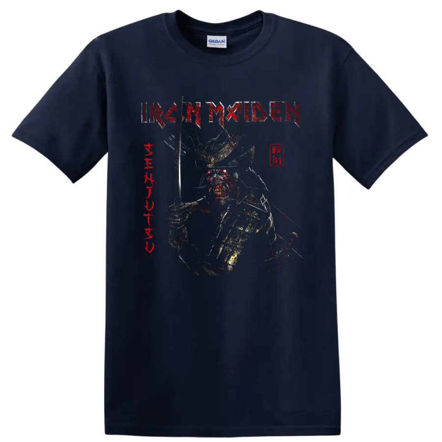 Iron Maiden Senjutsu Eddie armored samurai graphic with sword and distressed band logo on a Navy (Blue) T Shirt