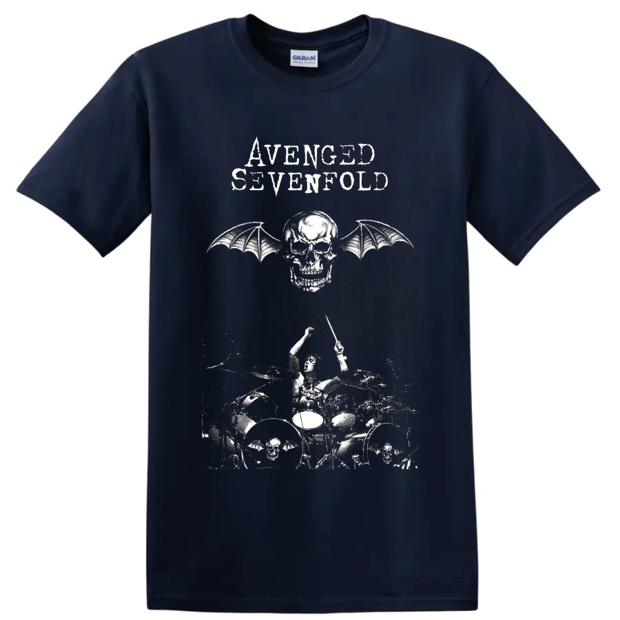 Avenged Sevenfold Deathbat winged skull and live drummer distressed graphic on a Navy (Blue) T Shirt
