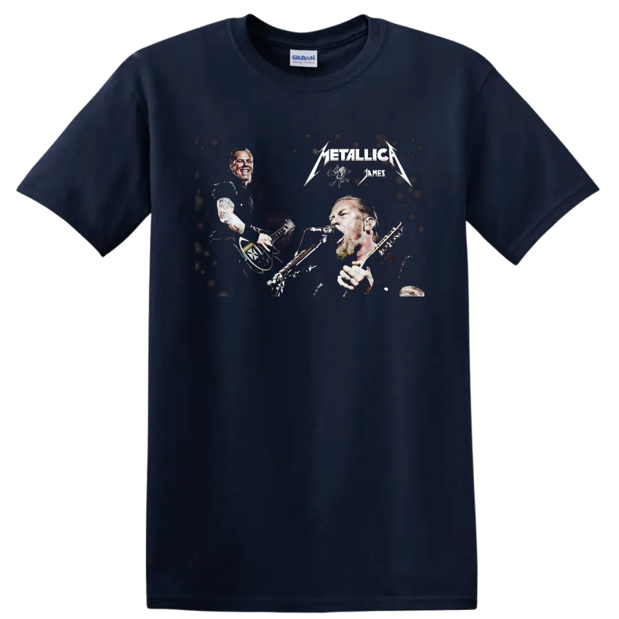 James Hetfield Metallica live-performance graphic with guitar, microphone, and band logos on a Navy (Blue) T Shirt