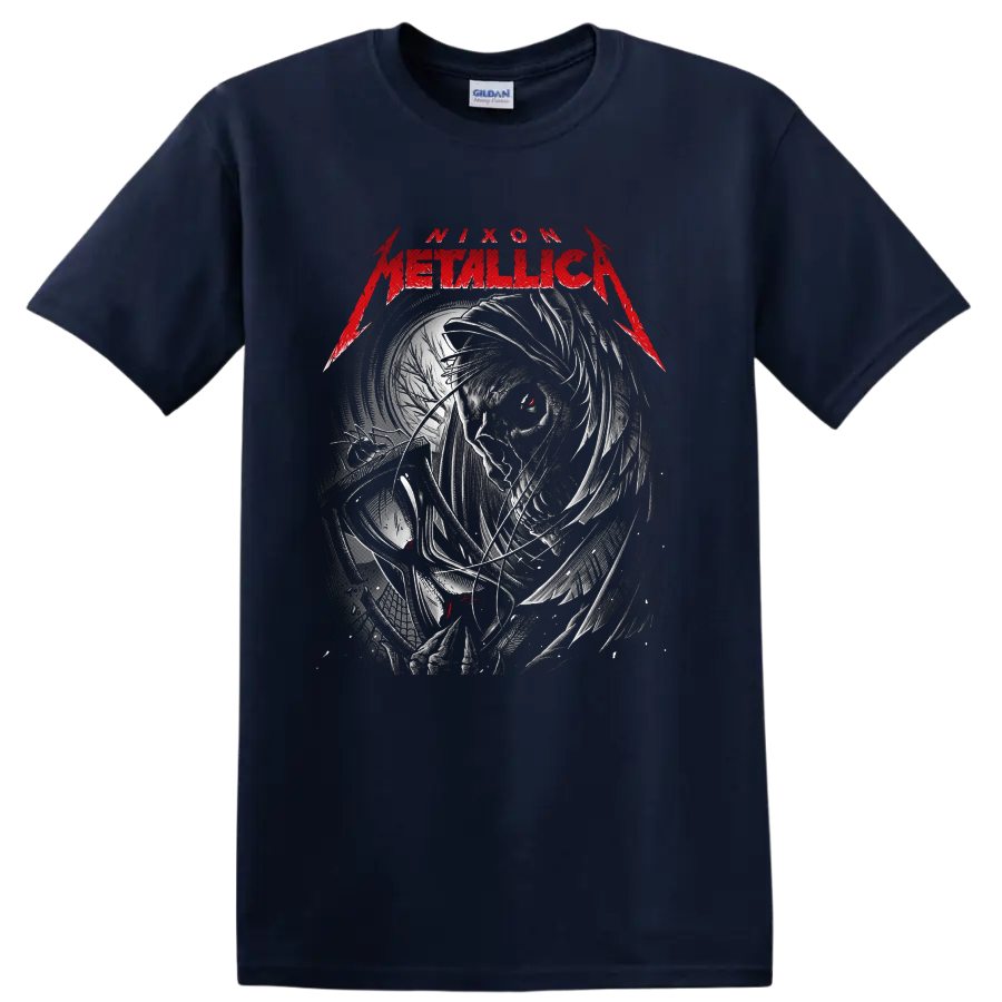 Metallica Nixon Father Time portrait with distressed clockwork art and red accents on a Navy (Blue) T Shirt