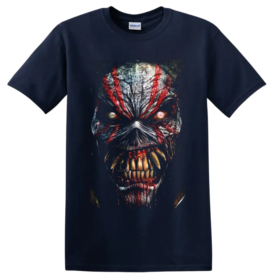 Eddie the Head horror monster portrait graphic with red streaks and glowing eyes on a Navy (Blue) T Shirt