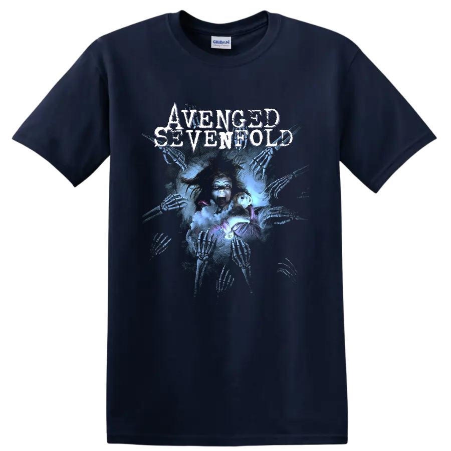 Avenged Sevenfold distressed logo over a haunted figure and reaching skeletal hands on a Navy (Blue) T Shirt