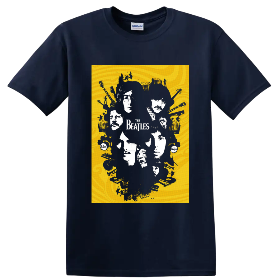 The Beatles four-member portrait collage with guitars, drums, records, and band logo on a Navy (Blue) T Shirt