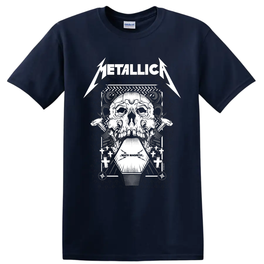 Metallica Death Magnetic skull and coffin industrial heavy metal graphic on a Navy (Blue) T Shirt