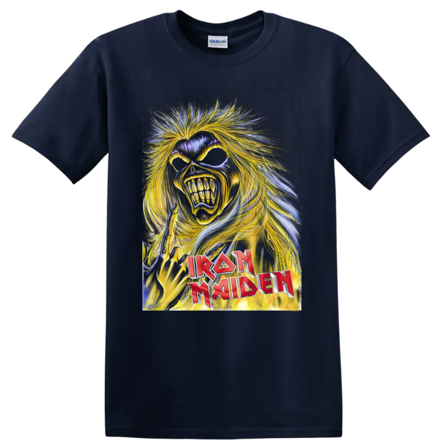 Iron Maiden Killers Eddie the Head snarling heavy metal mascot graphic on a Navy (Blue) T Shirt
