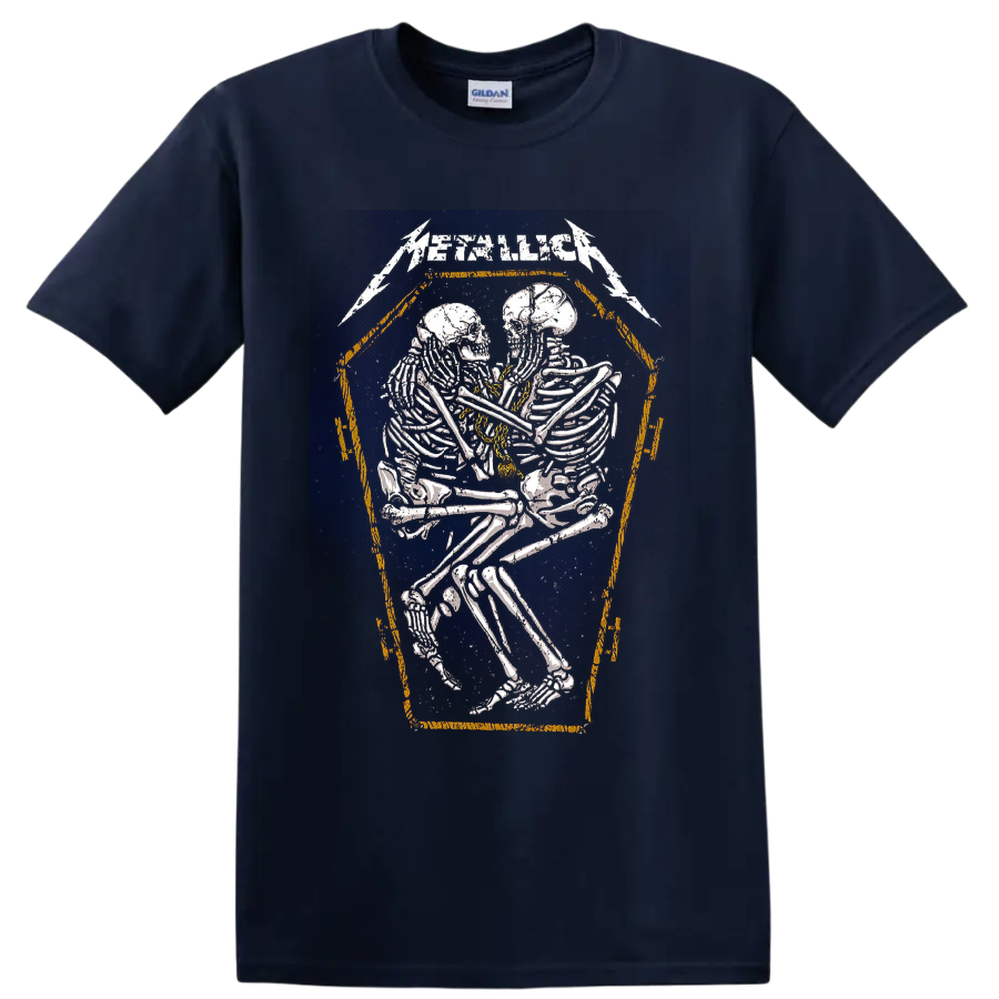 Metallica logo above distressed embracing skeletons in a coffin-shaped frame on a Navy (Blue) T Shirt