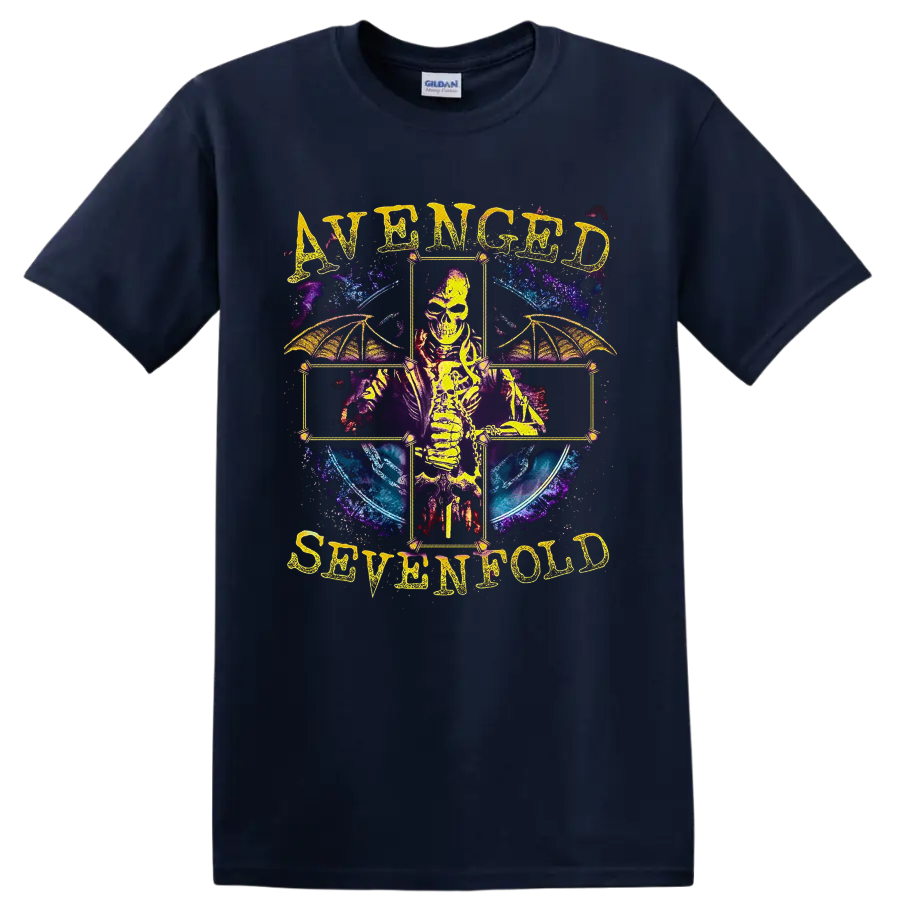 Avenged Sevenfold skeleton with bat wings in a cosmic gothic cross design on a Navy (Blue) T Shirt