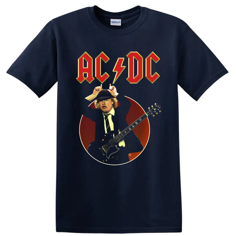 Angus Young AC/DC guitar portrait with lightning bolt logo and vintage red circle on a Navy (Blue) T Shirt