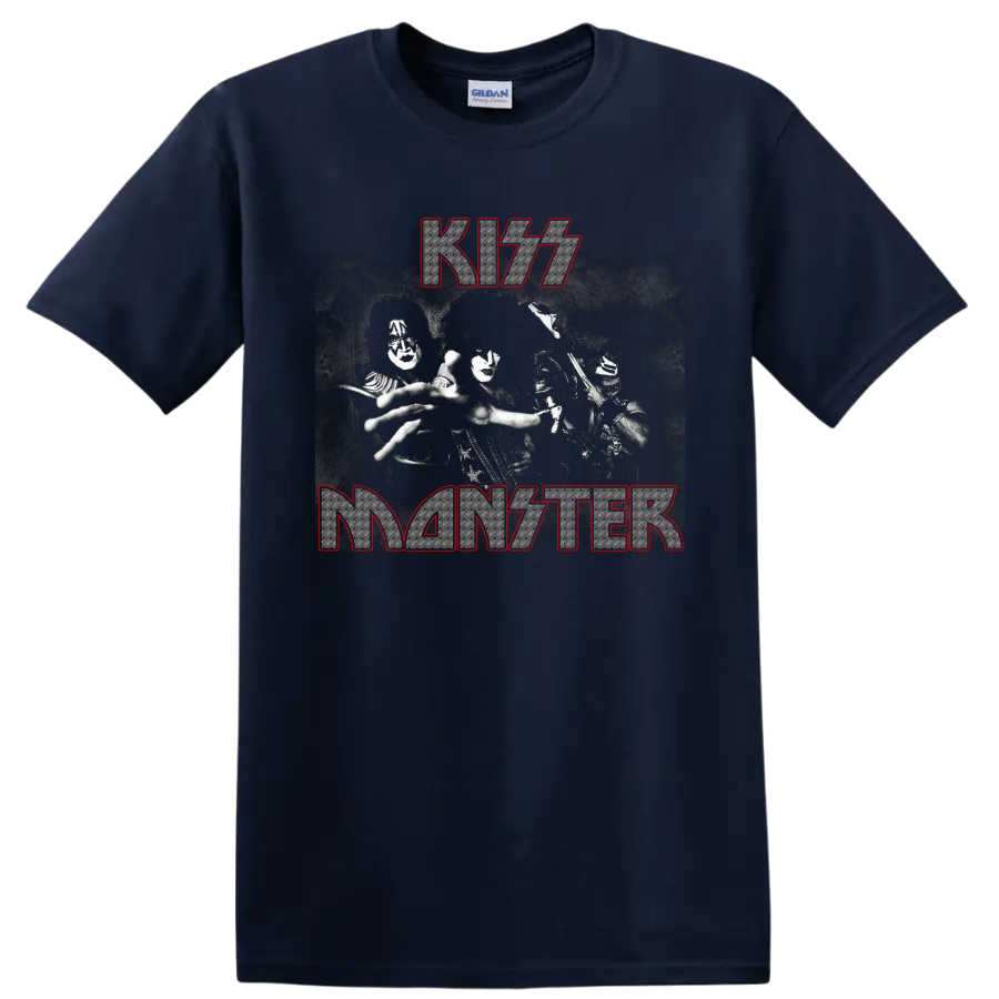 KISS Monster graphic with face-painted band image and distressed metallic lettering on a Navy (Blue) T Shirt
