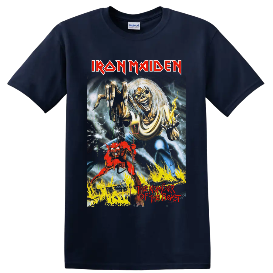 Painted Iron Maiden Eddie the Head with devil puppet, lightning, and flames on a Navy (Blue) T Shirt