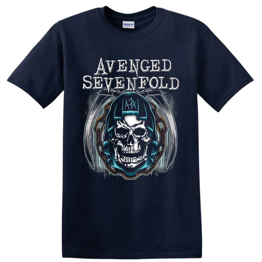 Avenged Sevenfold Holy Reaper skull wearing headphones with distressed band lettering on a Navy (Blue) T Shirt