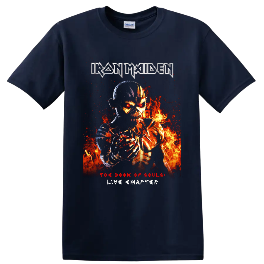 Iron Maiden Eddie in fiery skeletal artwork with The Book of Souls Live Chapter text on a Navy (Blue) T Shirt