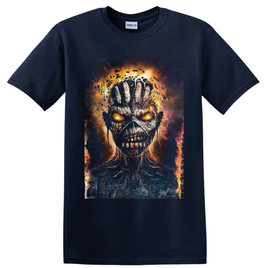 Eddie the Head fiery skull portrait with glowing eyes and cosmic embers on a Navy (Blue) T Shirt