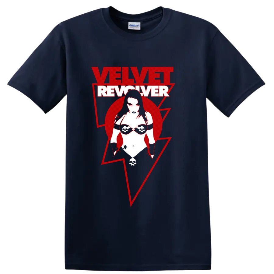 Velvet Revolver red and white distressed logo with stylized skull sunglasses figure on a Navy (Blue) T Shirt