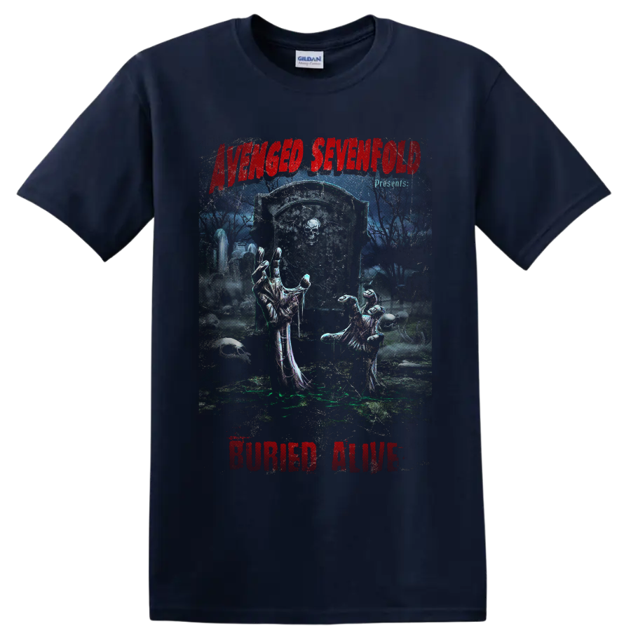 Avenged Sevenfold Buried Alive gothic graveyard art with skeletal hands and tombstone on a Navy (Blue) T Shirt