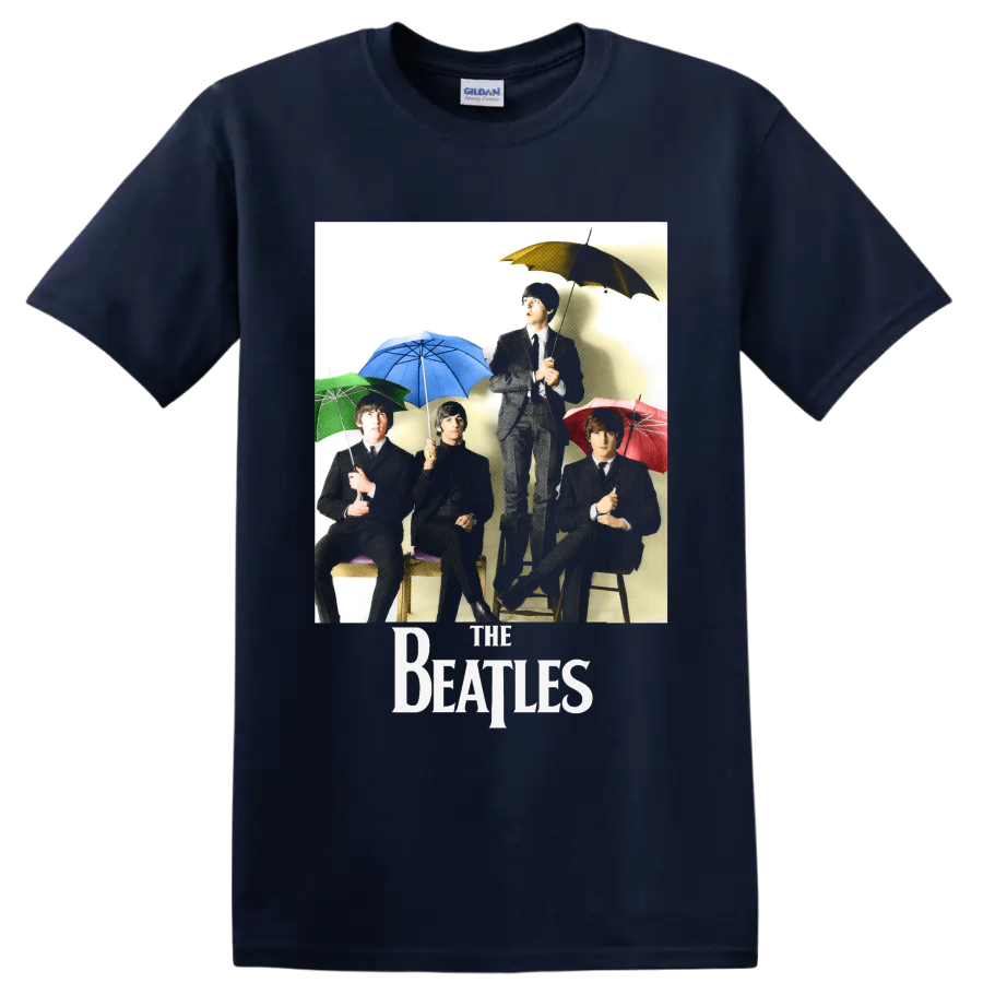 The Beatles vintage-style band portrait with colorful umbrellas and The Beatles logo on a Navy (Blue) T Shirt