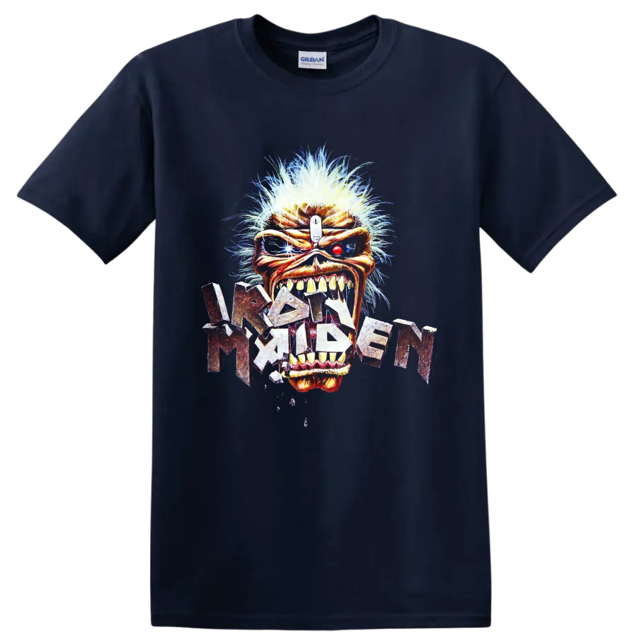 Iron Maiden Eddie the Head cybernetic-style heavy metal graphic with distressed band on a Navy (Blue) T Shirt