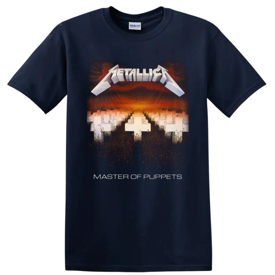 Metallica Master of Puppets cemetery album art with white crosses and fiery sky on a Navy (Blue) T Shirt