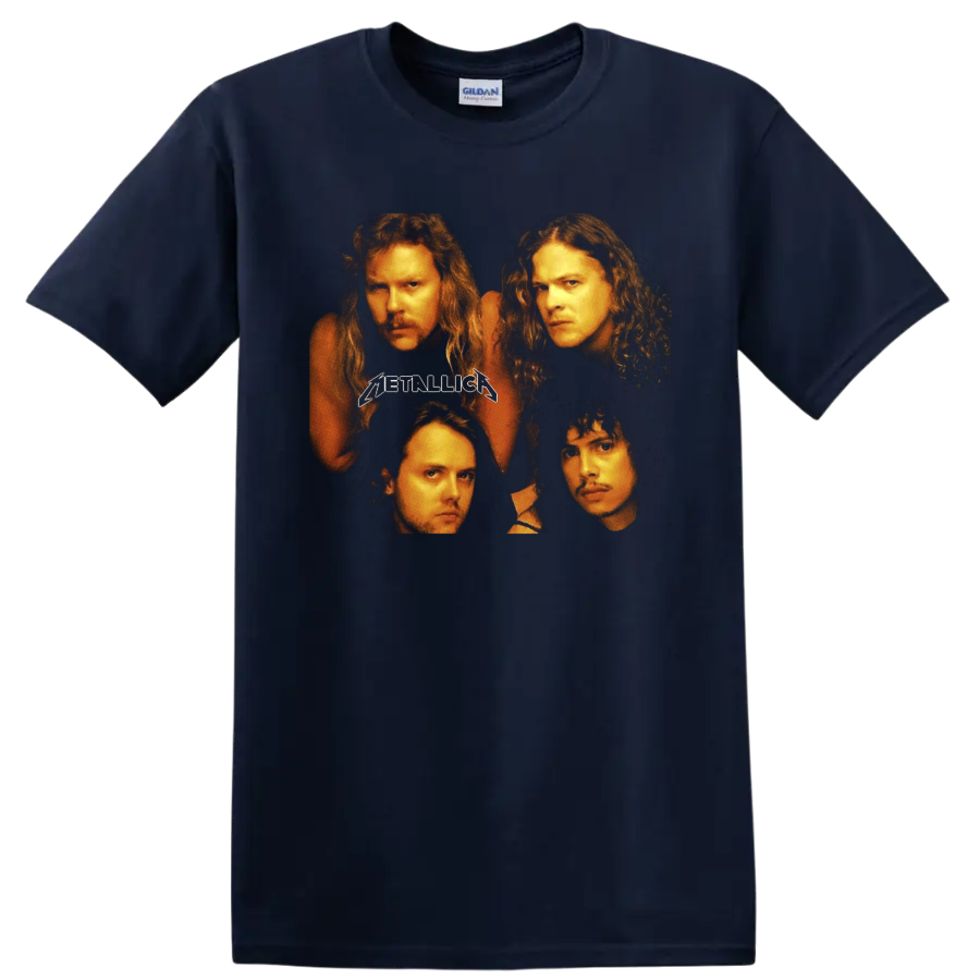 Metallica four-member portrait graphic with classic Metallica logo on a Navy (Blue) T Shirt