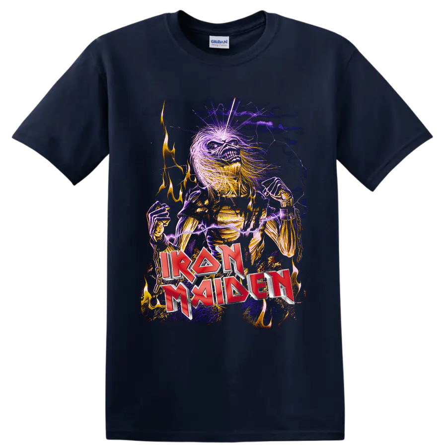 Iron Maiden Eddie skeleton with purple lightning, flames, chains, and red band logo on a Navy (Blue) T Shirt