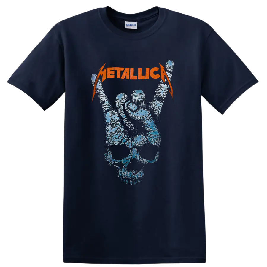 Metallica orange logo above a distressed blue skull with raised skeletal rock hand on a Navy (Blue) T Shirt