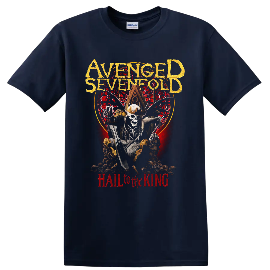 Avenged Sevenfold Hail to the King crowned skeleton gothic graphic print on a Navy (Blue) T Shirt