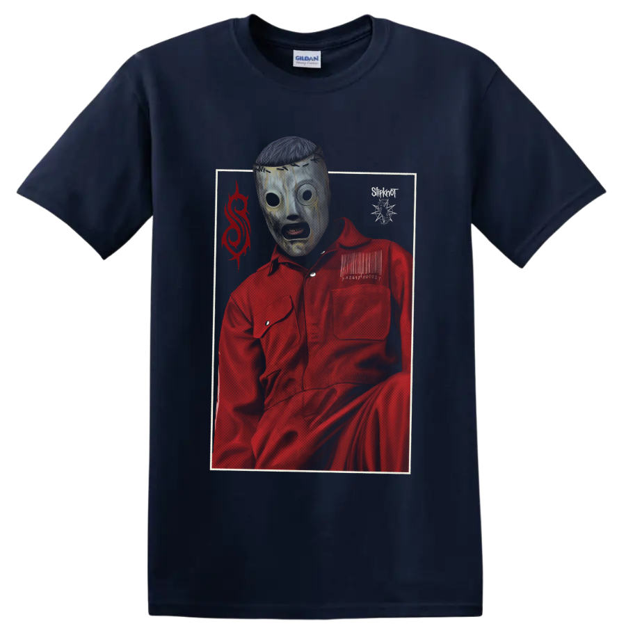 Corey Taylor Slipknot mask portrait in a red jumpsuit with distressed metal artwork on a Navy (Blue) T Shirt