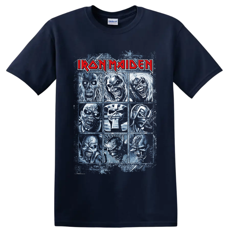 Iron Maiden Eddie the Head nine-portrait distressed heavy metal graphic on a Navy (Blue) T Shirt