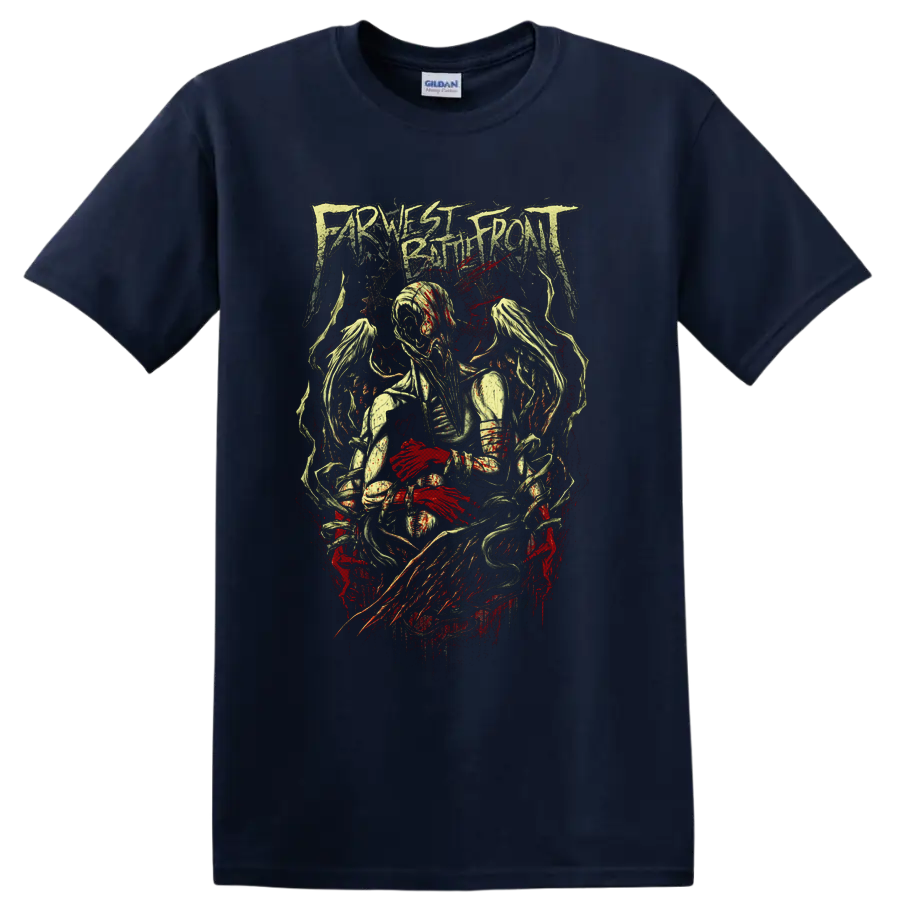 Farthest Battlefront distressed metal logo above spectral figures and red splatter on a Navy (Blue) T Shirt