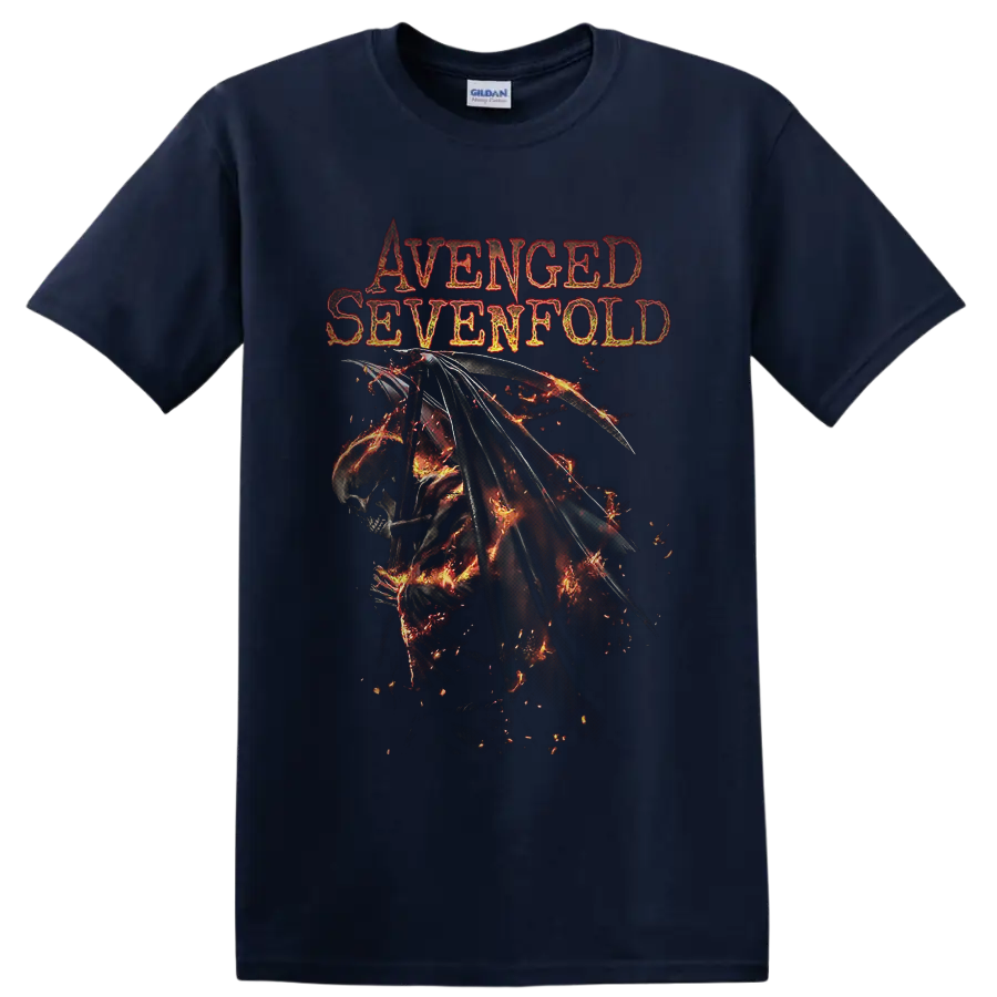Avenged Sevenfold Deathbat with flaming wings and distressed gothic band lettering on a Navy (Blue) T Shirt