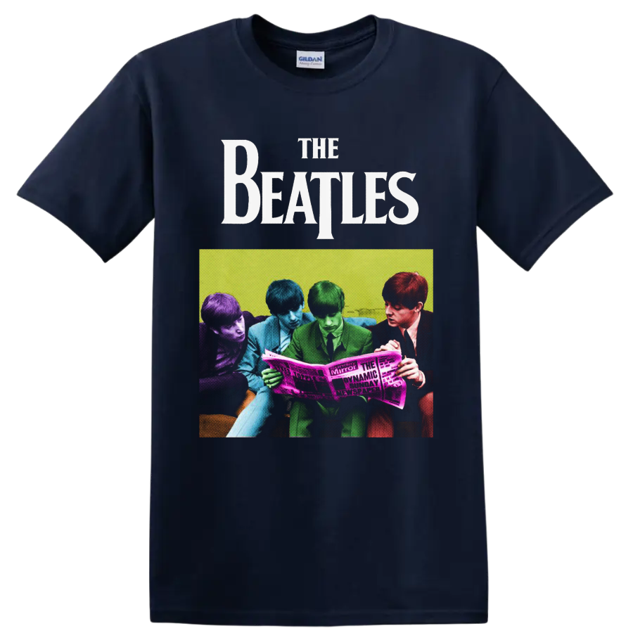 The Beatles colorized group photo reading a newspaper in retro pop-art style on a Navy (Blue) T Shirt