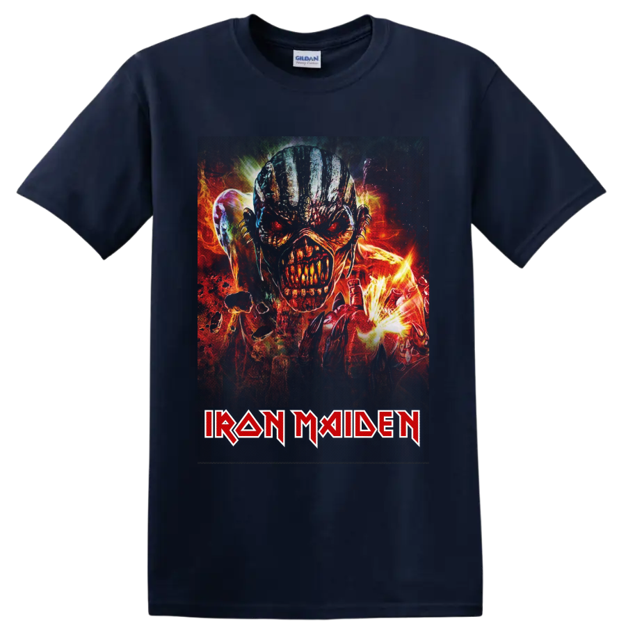 Fiery Eddie the Head heavy metal illustration with Iron Maiden logo on a Navy (Blue) T Shirt