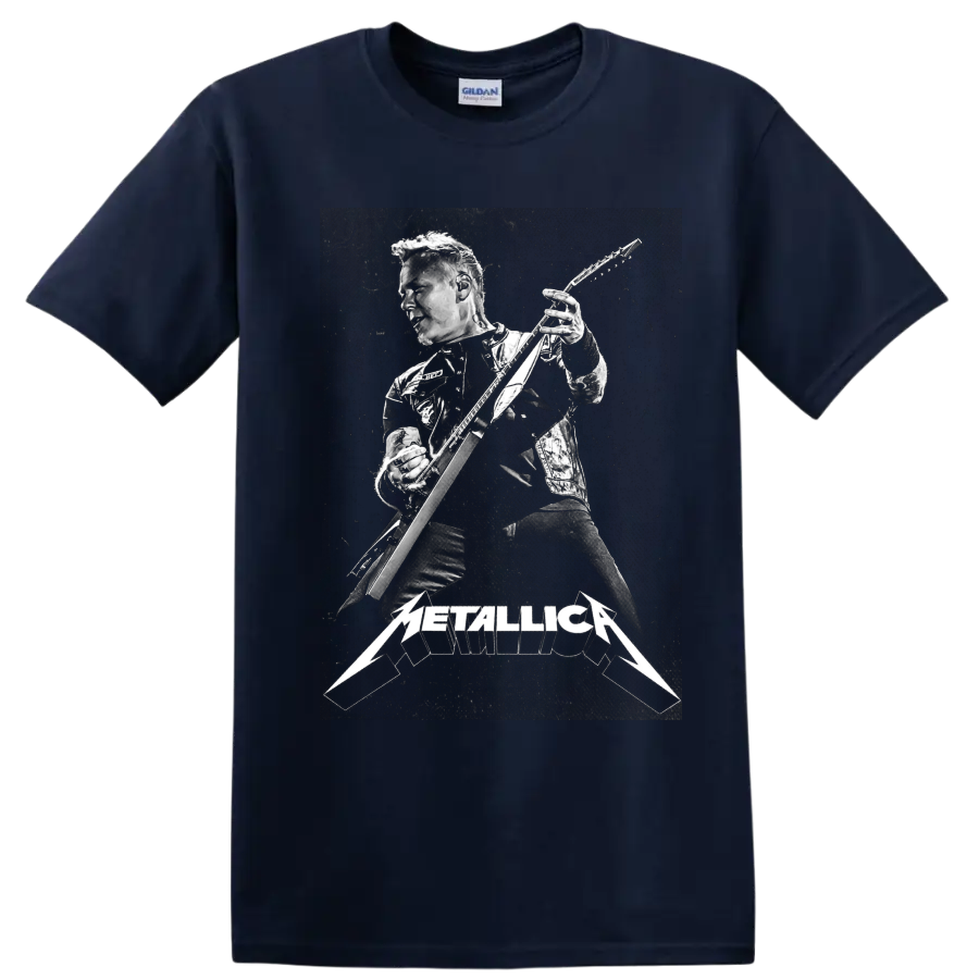 James Hetfield playing guitar in gritty monochrome with Metallica logo on a Navy (Blue) T Shirt